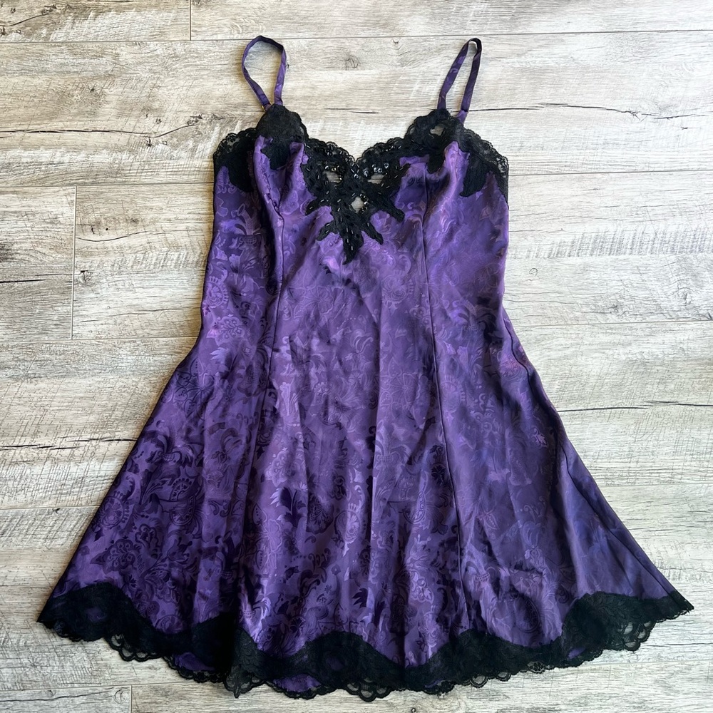 Vintage Victoria's Secret Gold Label Purple Chemise with Black Lace